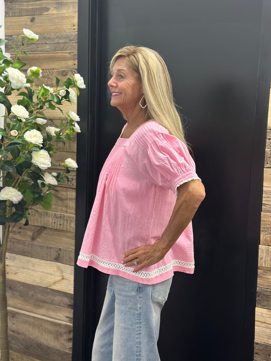 Half Sleeve Pintuck Woven Top with Lace Trim
