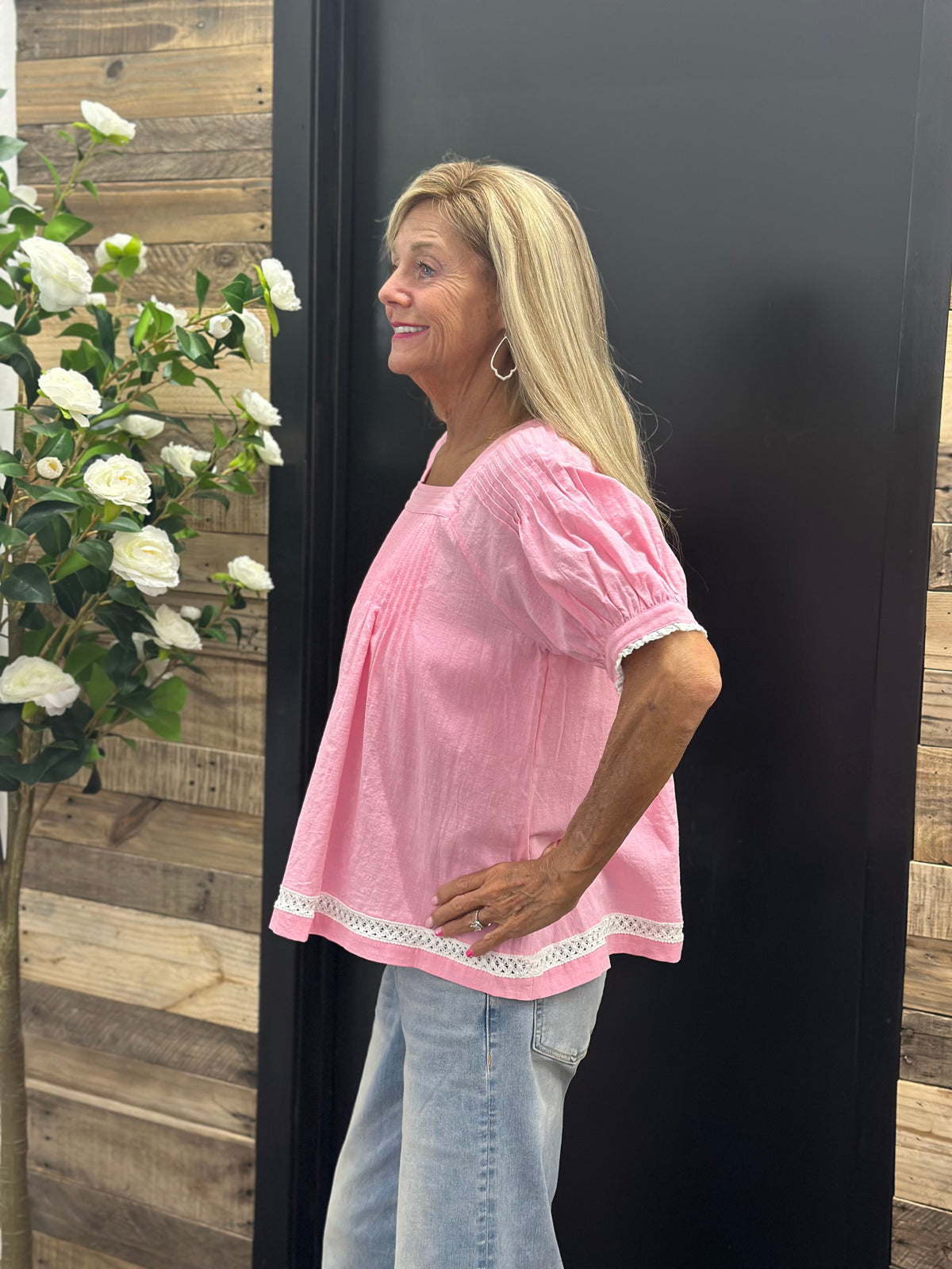 Half Sleeve Pintuck Woven Top with Lace Trim