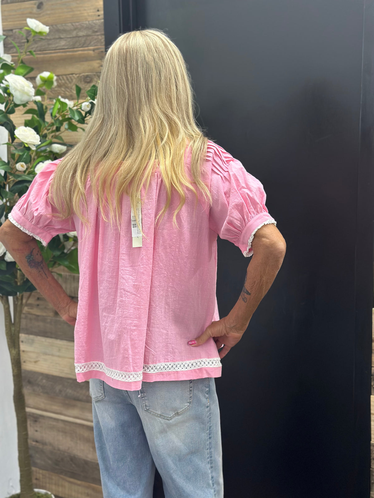Half Sleeve Pintuck Woven Top with Lace Trim