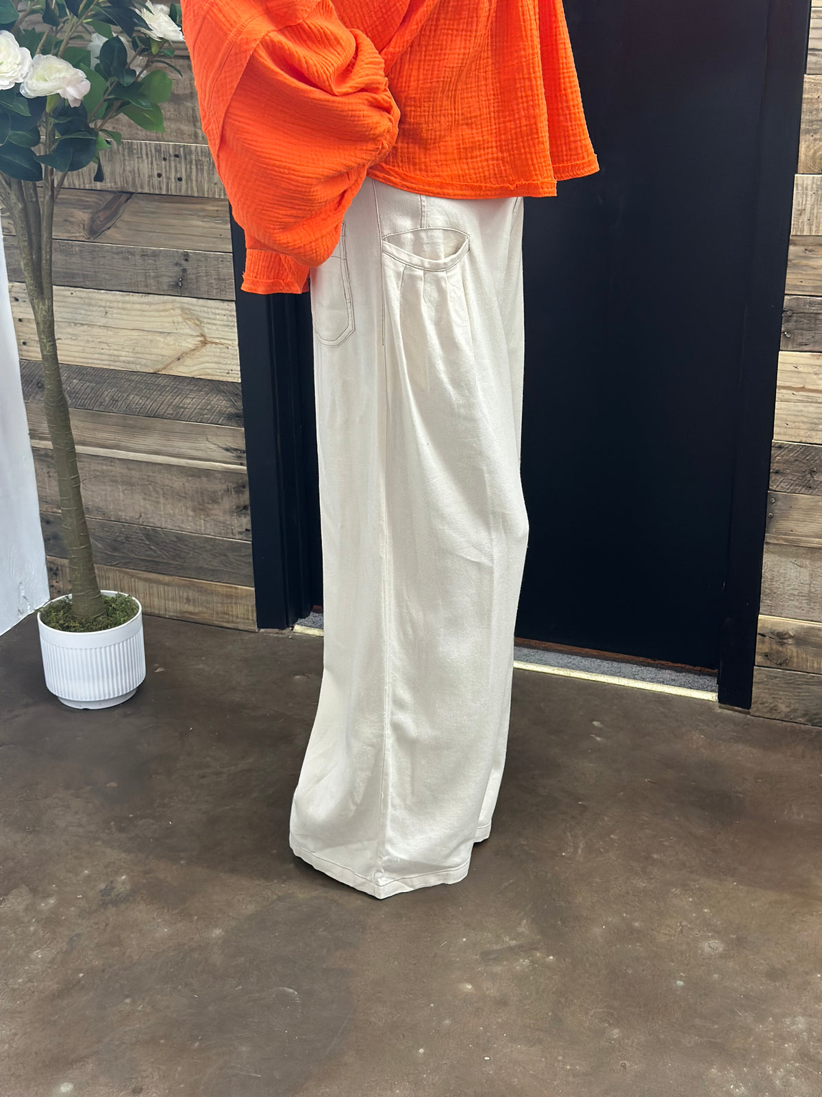 Ivory Wide Leg Pleated Trousers