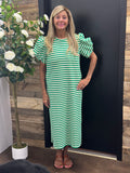 Glam Round Neck Puff Short Sleeve Midi Dress with Side Pockets